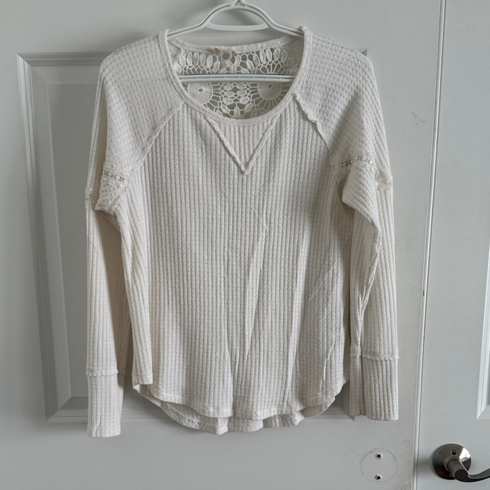 Cupio Cream Lace-Trimmed Waffle Knit Women's Top Size Smal